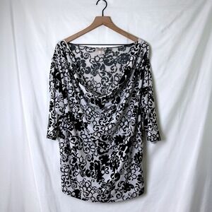 Sushi Flower Womens Damask Cowl Neck 3/4 Sleeve Blouse Size 2XL Black White
